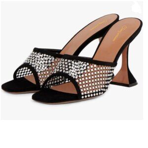 Tang'scuisins Black Glittering Rhinestone Open Toe Mesh Slip on Spool Heel Mules